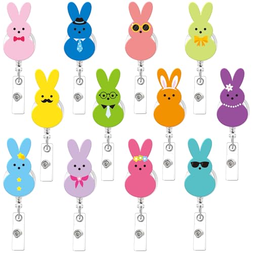 Jansun Easter Badge Reel Set, 12 Pack Cute Bunny Retractable Clip Holders Retractable Holder for Keys Badges - Image 1
