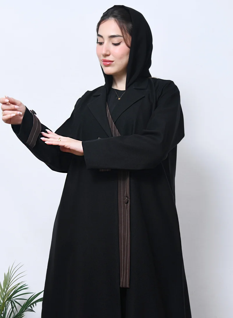 HAWRAA ABAYA Abaya with a distinctive blazer design with brown striped crepe overlay