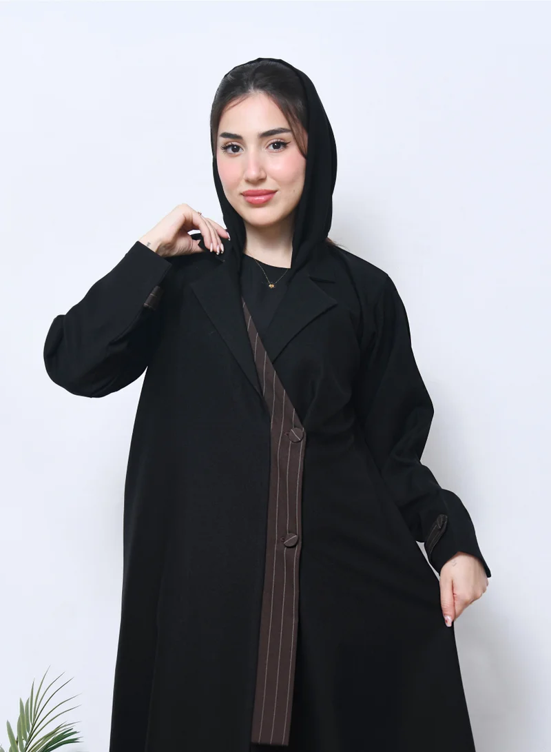 HAWRAA ABAYA Abaya with a distinctive blazer design with brown striped crepe overlay