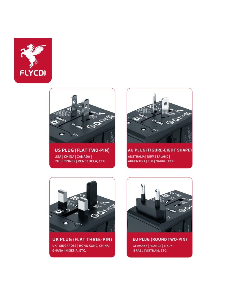 فلاي سي دي اي  محول سفر عالمي FLYCDI بقوة 45 وات | 5 منافذ – 2× USB-A 20 وات، 2× USB-C 20 وات، 1× USB-C 45 وات شحن سريع | صغير ومحمول - Image 4