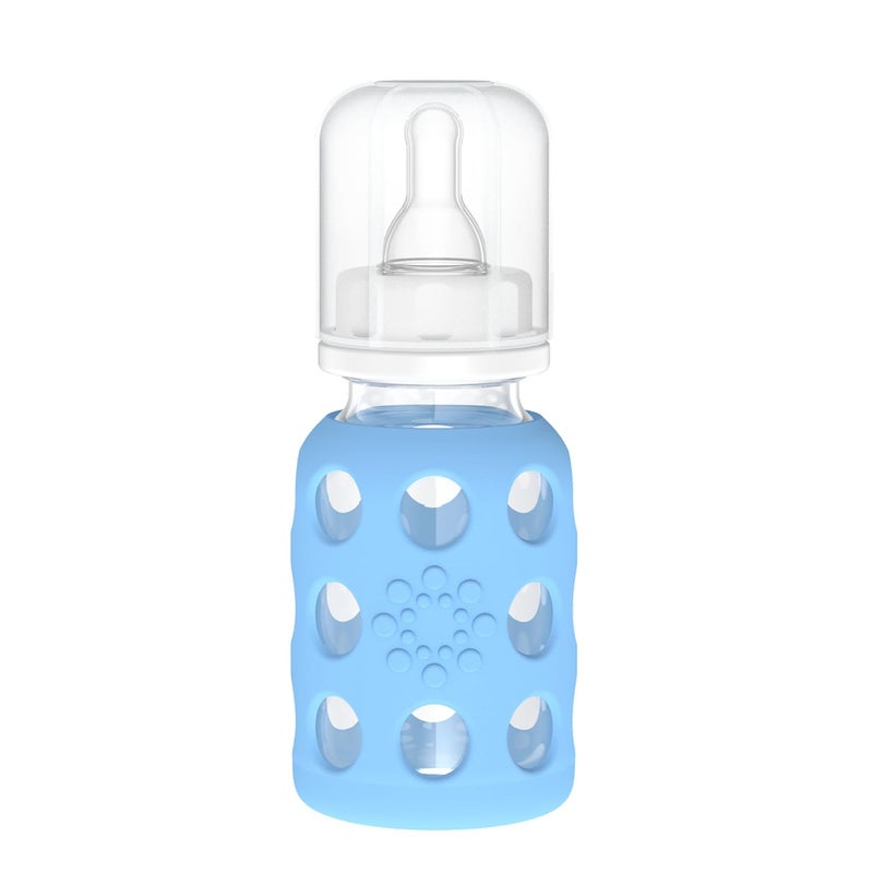 Lifefactory 4Oz Glass Baby Bottle with Protective Silicone Sleeve and Stage 1 Nipple Sky Blue