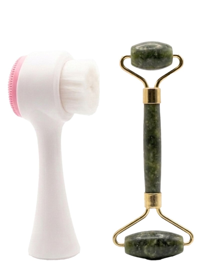 2 in 1 Facial Cleansing Brush & Jade Roller , Dual Sided Face Cleanser Tool for Deep Pore Cleansing, Exfoliation, Skin Care Massage, Anti-Aging Facial Massager for Blackhead Removal, Skin Revitalizing Beauty Tool - Image 2
