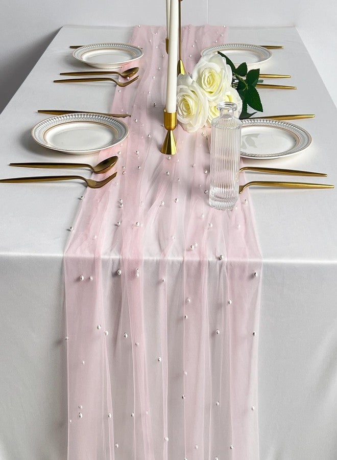 Hibate 10FT Pink Pearl Table Runner Tulle for Wedding Bridal Shower Decor Birthday Party Dessert Table Decorations 29" W x 120" L - Image 1
