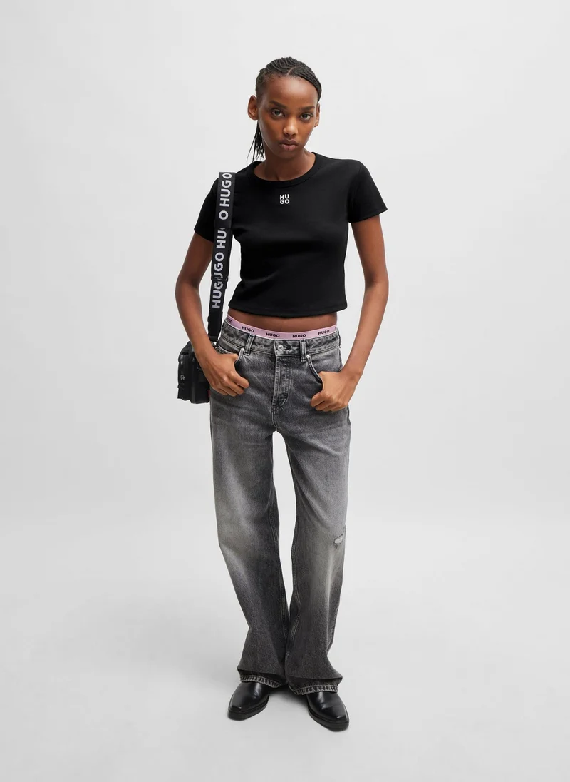 HUGO Black Cotton-blend slim-fit T-shirt with embroidered logo for Women | Best Price UAE
