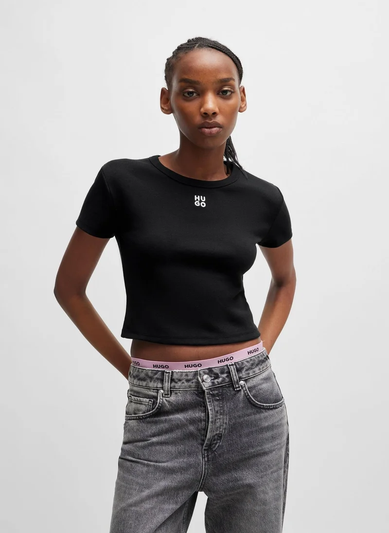 HUGO Black Cotton-blend slim-fit T-shirt with embroidered logo for Women | Best Price UAE