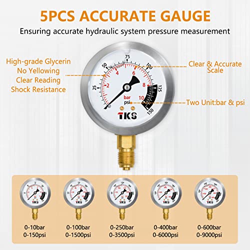 ajee Hydraulic Pressure Test Kit，600bar /8700psi / 60mpa 5 Gauges 13 Test Couplings 14 Tee Connectors 5 Test Hoses, Hydraulic Gauge Kit Sturdy Carrying Case for Excavator Construction Machinery Ships Mine - Image 2