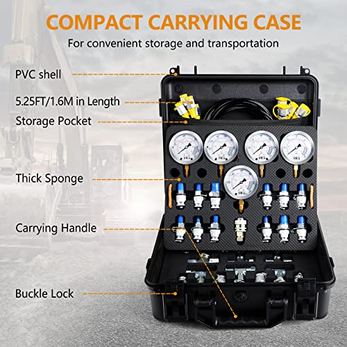 ajee Hydraulic Pressure Test Kit，600bar /8700psi / 60mpa 5 Gauges 13 Test Couplings 14 Tee Connectors 5 Test Hoses, Hydraulic Gauge Kit Sturdy Carrying Case for Excavator Construction Machinery Ships Mine - Image 4