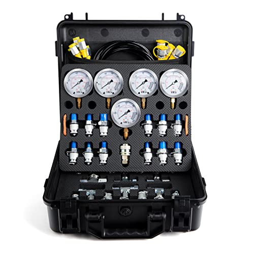 ajee Hydraulic Pressure Test Kit，600bar /8700psi / 60mpa 5 Gauges 13 Test Couplings 14 Tee Connectors 5 Test Hoses, Hydraulic Gauge Kit Sturdy Carrying Case for Excavator Construction Machinery Ships Mine - Image 1