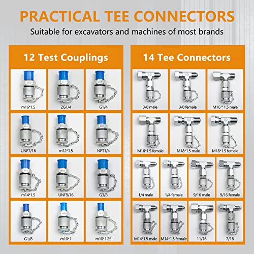 ajee Hydraulic Pressure Test Kit，600bar /8700psi / 60mpa 5 Gauges 13 Test Couplings 14 Tee Connectors 5 Test Hoses, Hydraulic Gauge Kit Sturdy Carrying Case for Excavator Construction Machinery Ships Mine - Image 3