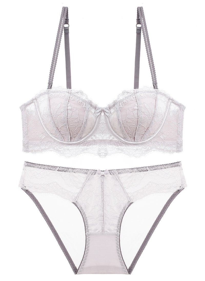 Loquat - Comfy 1/2 Cup Thin Cup Lace Bra Panty Set Light Purple - Image 1