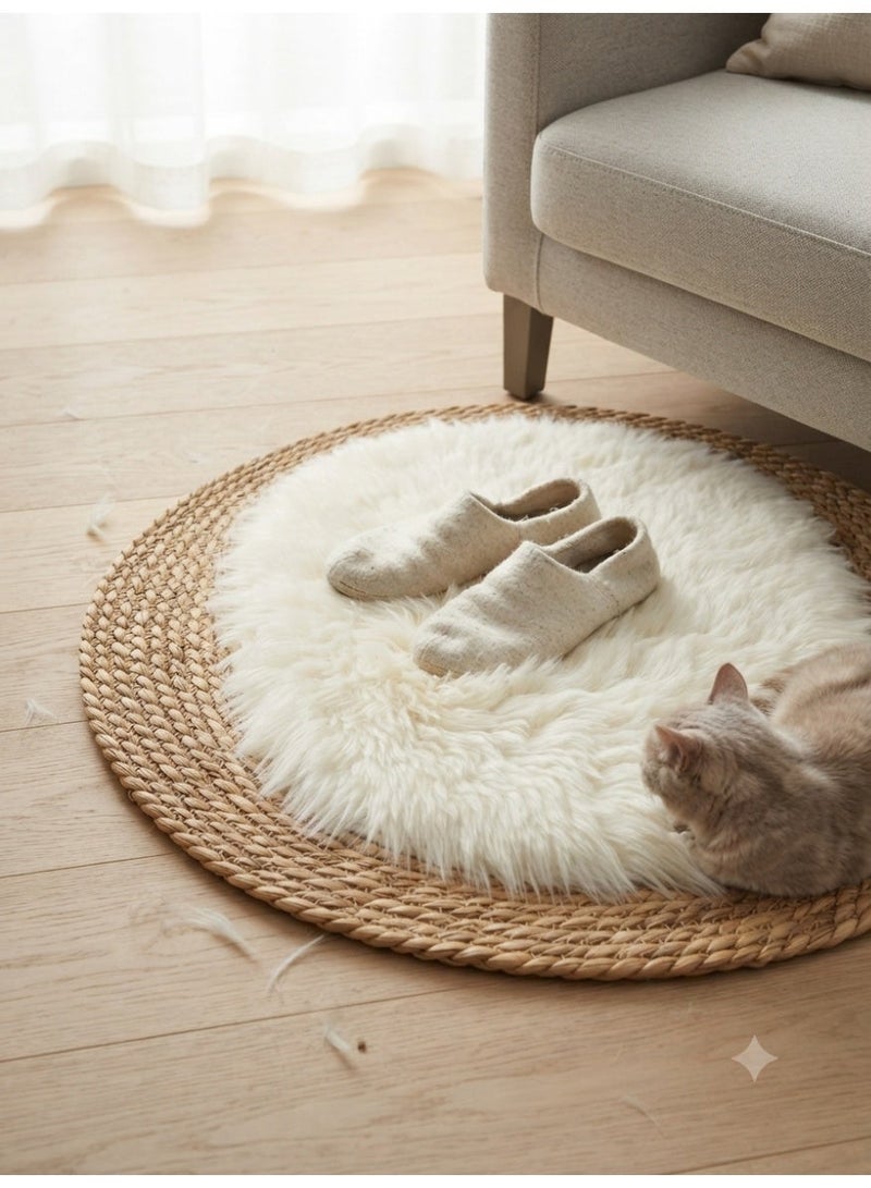Modern Oval Decorative Rug - Natural Woven Straw Border with Soft Faux Fur Center, Elegant Touch for Your Home - Image 2