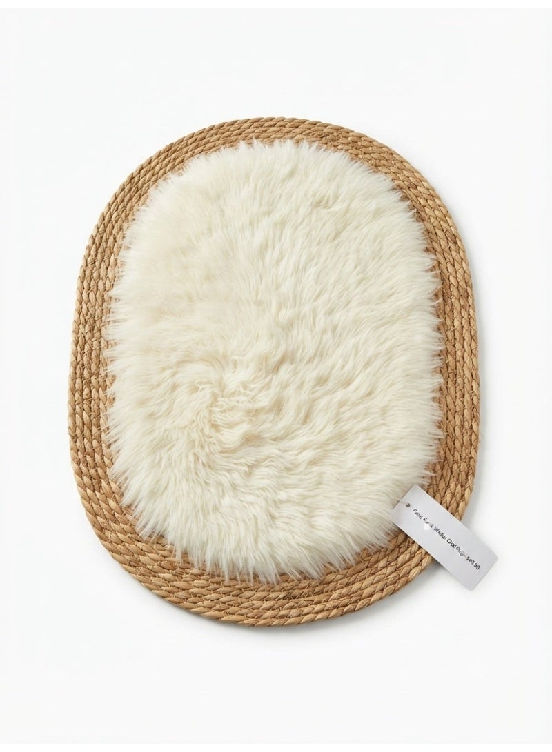 Modern Oval Decorative Rug - Natural Woven Straw Border with Soft Faux Fur Center, Elegant Touch for Your Home - Image 1