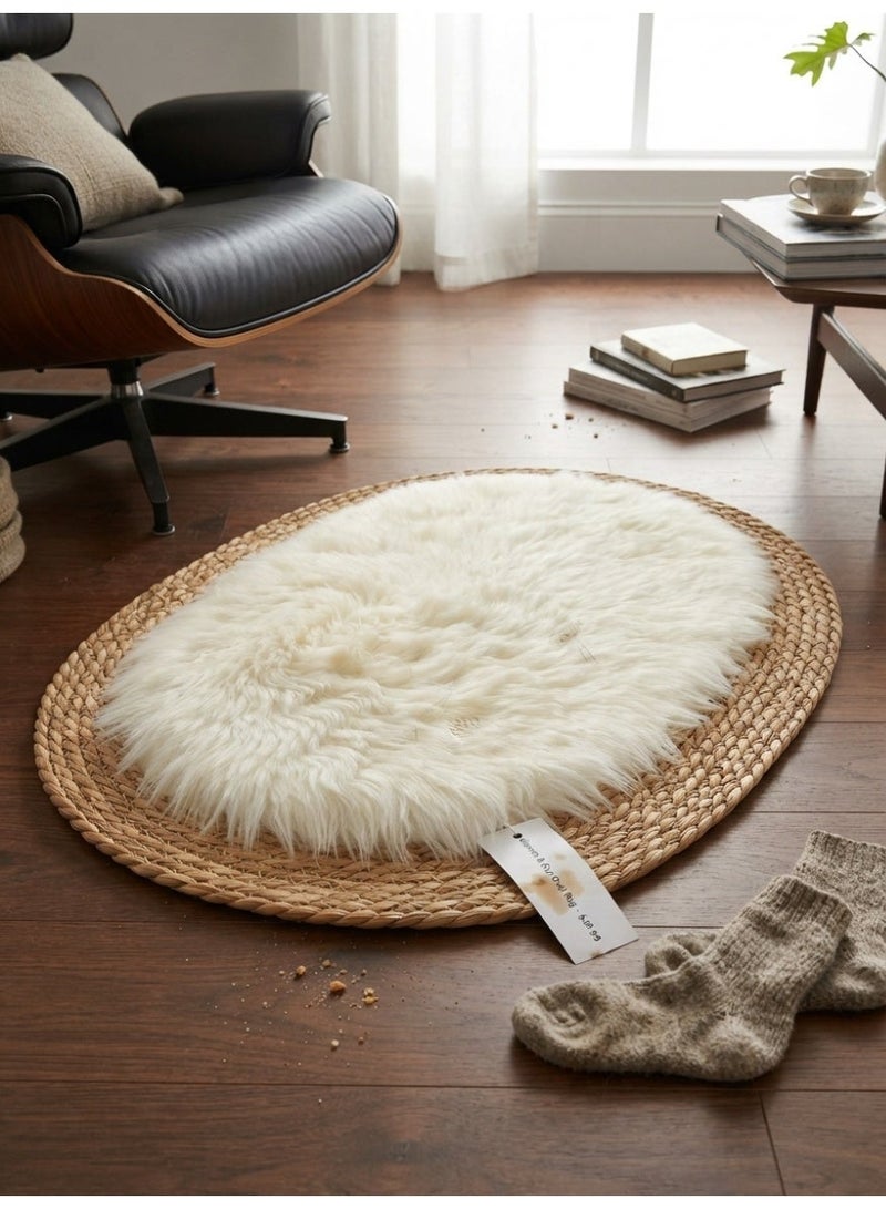 Modern Oval Decorative Rug - Natural Woven Straw Border with Soft Faux Fur Center, Elegant Touch for Your Home - Image 3