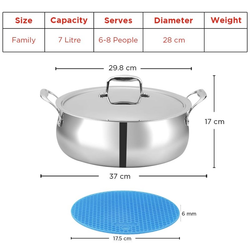 Vinod Platinum Chef’s Lagan Pot 28 cm - 7 Litre | Triply Stainless Steel Biryani Pot Heavy Bottom | Shallow Lagan Handi for Cooking Biryani | Healthy Triply Cookware, Induction Friendly, With Lid - Image 2