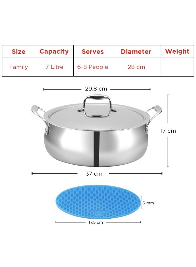 Vinod Platinum Chef's Triply Stainless Steel Lagan Pot with Lid, 28 cm, 7 L, Induction Compatible - Image 2