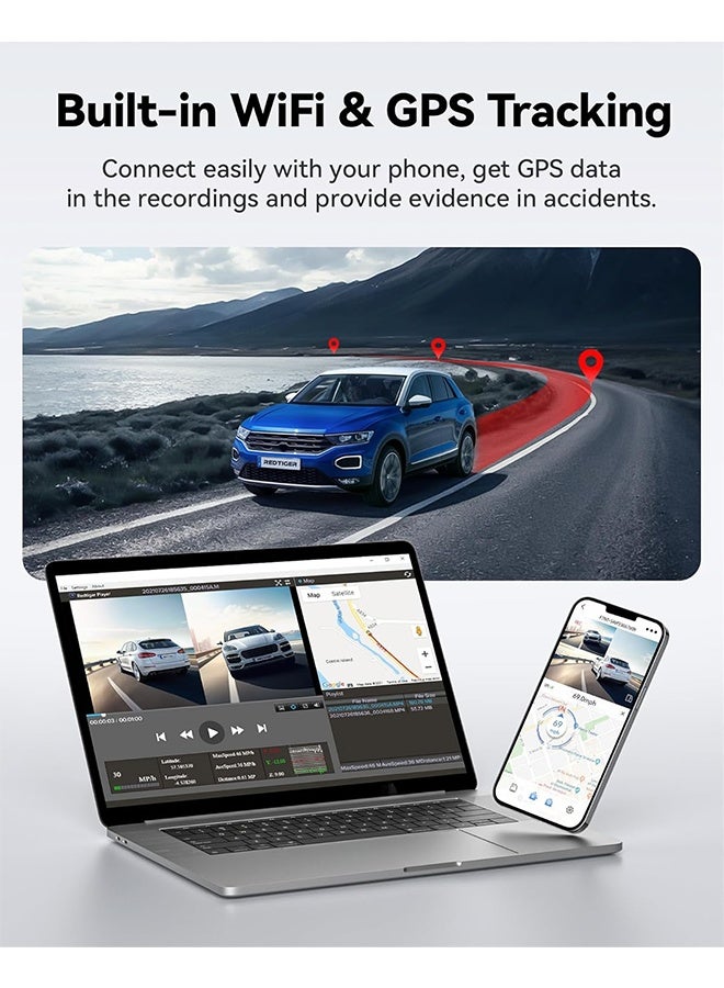 REDTIGER F7N Dash Cam 4K Front and Back FHD with 64GB Card Included,Dual Dash Cam for Cars,Night Vision Car Camera, Built-in GPS WiFi, 3.18" IPS LCD Screen, 170° Wide View, WDR, 24H Parking Mode - Image 5