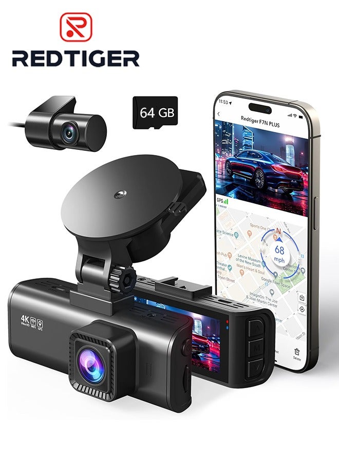 REDTIGER F7N Dash Cam 4K Front and Back FHD with 64GB Card Included,Dual Dash Cam for Cars,Night Vision Car Camera, Built-in GPS WiFi, 3.18" IPS LCD Screen, 170° Wide View, WDR, 24H Parking Mode - Image 1