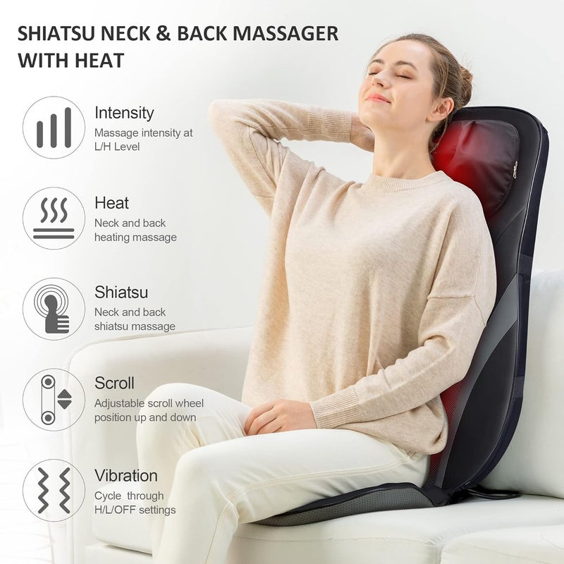 Snailax Shiatsu Back Massager with Heat Deep Kneading Massage Chair Pad with Adjustable Intensity Shiatsu Chair Massager to Relax Full Body Muscle - Image 2