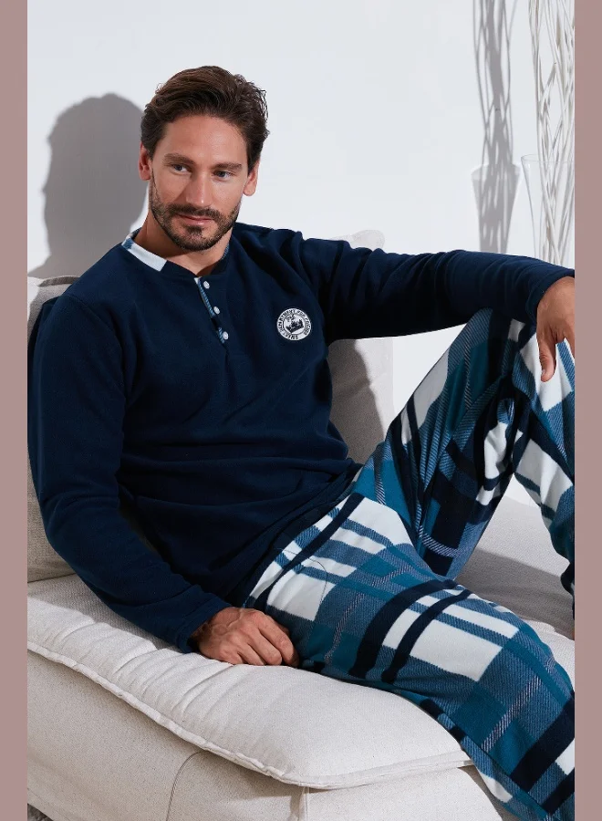 Buratti Plaid Regular Fit Buttoned Crew Neck Winter Fleece Pajama Set Men's PAJAMAS SET 60961008