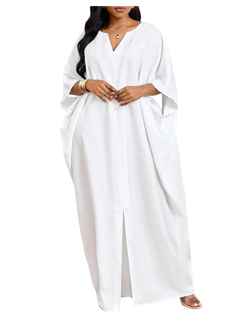 OYOANGLE Women's Plus Size Solid Color Cutout Slit Caftans Kaftan Dresses Loungewear Sleeves Maxi Dress White 3X-Large Plus - Image 1