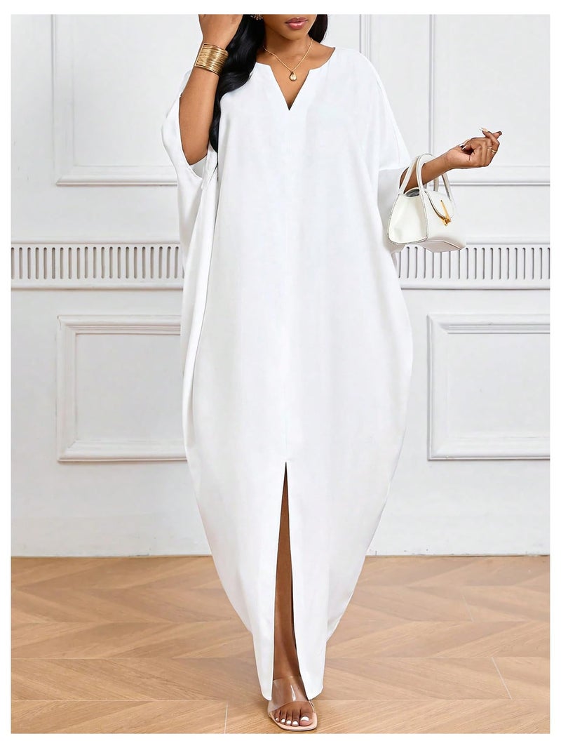 OYOANGLE Women's Plus Size Solid Color Cutout Slit Caftans Kaftan Dresses Loungewear Sleeves Maxi Dress White 3X-Large Plus - Image 4
