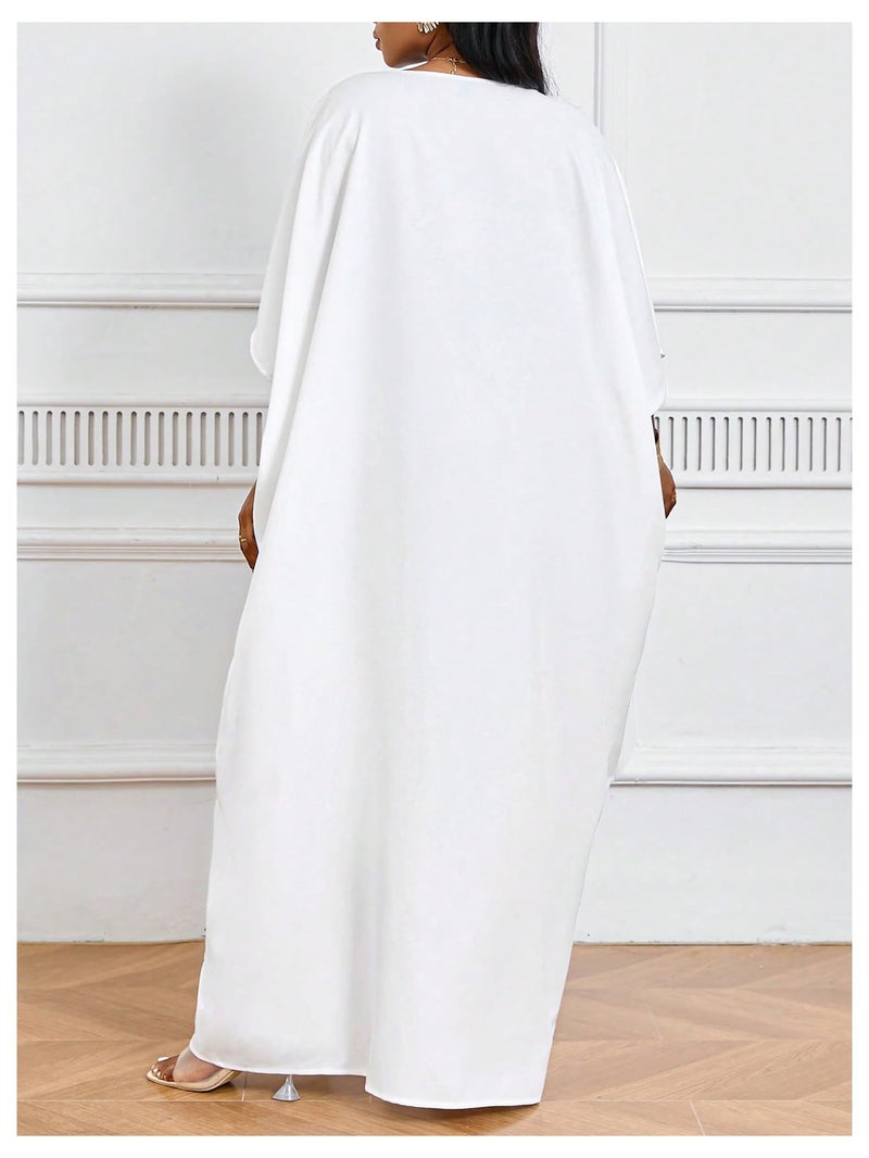 OYOANGLE Women's Plus Size Solid Color Cutout Slit Caftans Kaftan Dresses Loungewear Sleeves Maxi Dress White 3X-Large Plus - Image 2