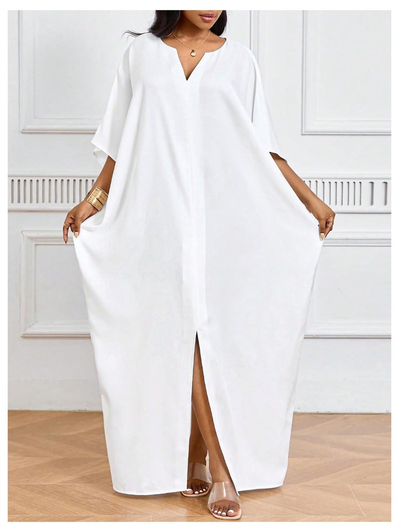 OYOANGLE Women's Plus Size Solid Color Cutout Slit Caftans Kaftan Dresses Loungewear Sleeves Maxi Dress White 3X-Large Plus - Image 3