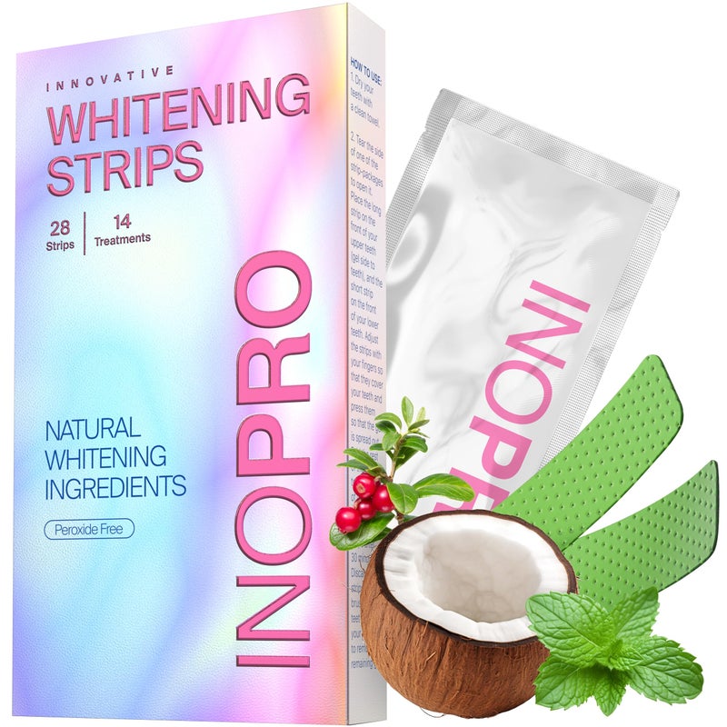 InoPro Teeth Whitening Strips 14 Treatments Kit - Enamel Safe Teeth Whitener, Peroxide-Free, Green White Strips for Teeth Whitening with Arbutin, Coconut Oil, Deep Stains Removal (28 Strips) - Image 1