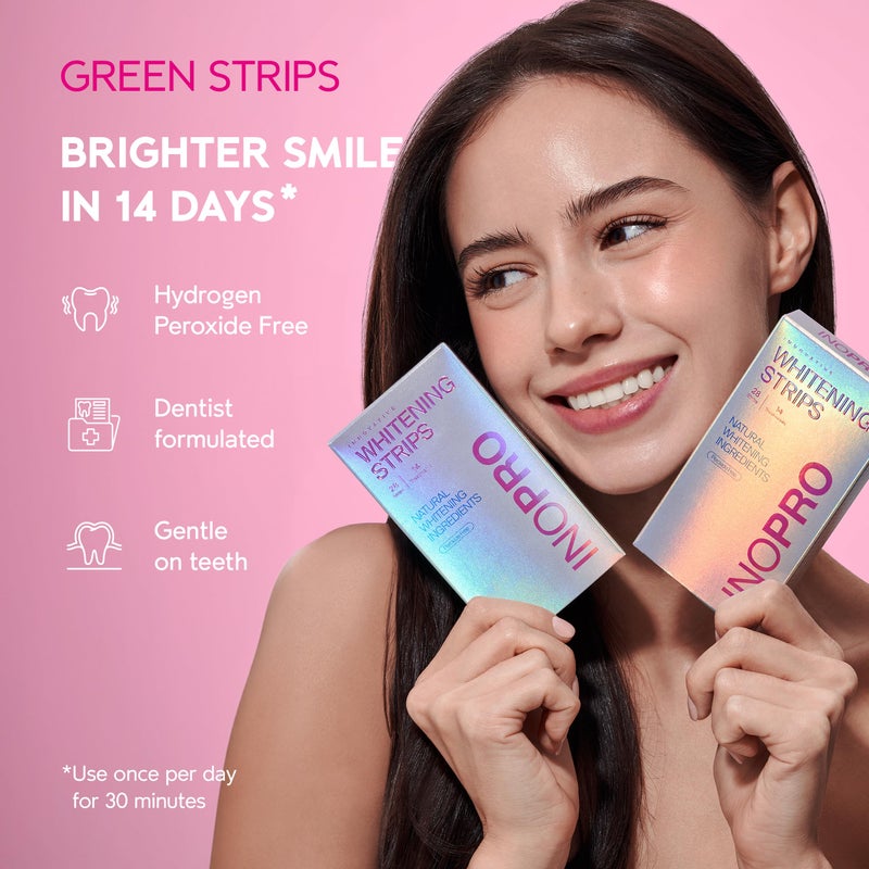 InoPro Teeth Whitening Strips 14 Treatments Kit - Enamel Safe Teeth Whitener, Peroxide-Free, Green White Strips for Teeth Whitening with Arbutin, Coconut Oil, Deep Stains Removal (28 Strips) - Image 4
