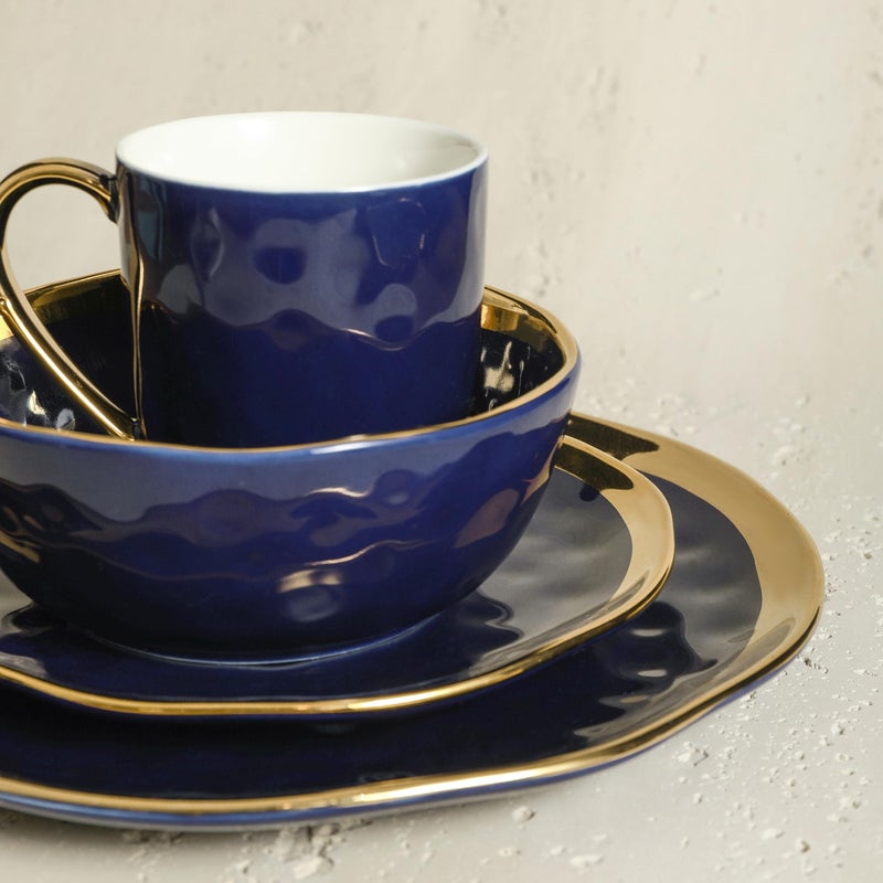 Stone Lain Porcelain 16 Piece Dinnerware Set, Service for 4, Blue and Golden Rim, Dark Blue - Image 2