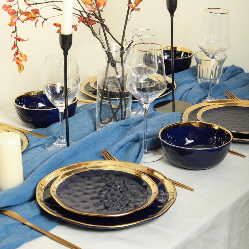 Stone Lain Porcelain 16 Piece Dinnerware Set, Service for 4, Blue and Golden Rim, Dark Blue - Image 3