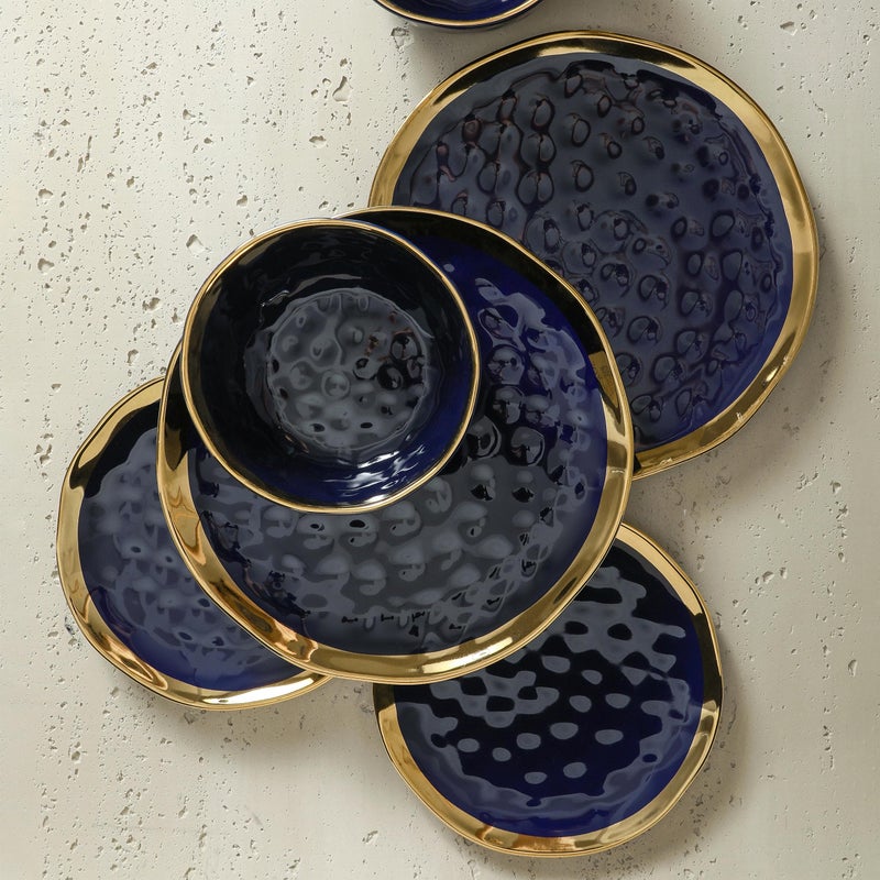 Stone Lain Porcelain 16 Piece Dinnerware Set, Service for 4, Blue and Golden Rim, Dark Blue - Image 5