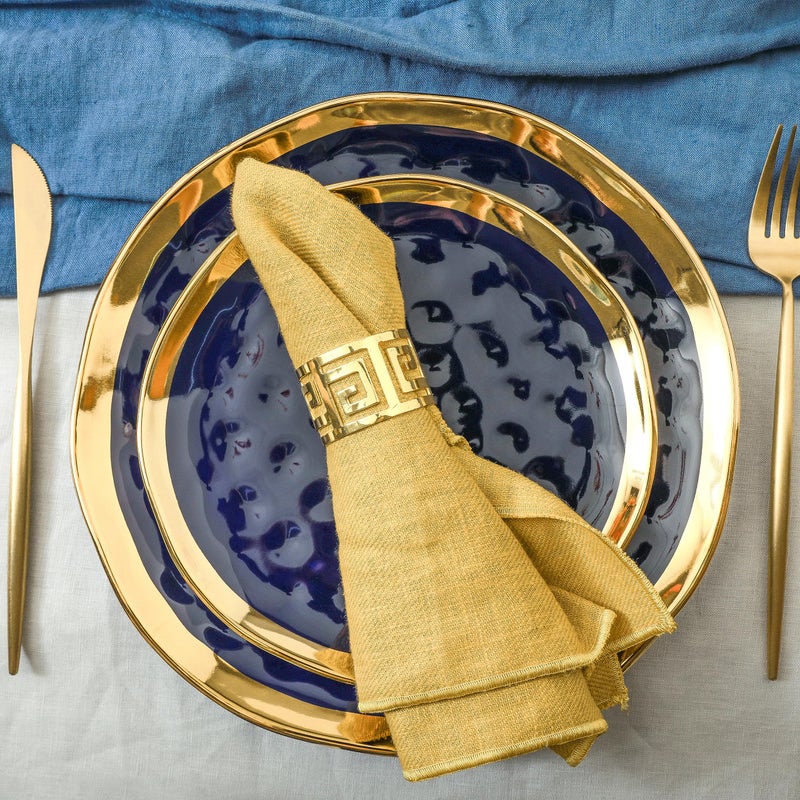 Stone Lain Porcelain 16 Piece Dinnerware Set, Service for 4, Blue and Golden Rim, Dark Blue - Image 4