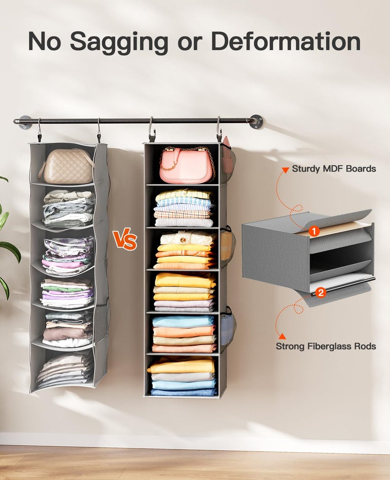 Pipishell Hanging Closet Organizer 6-Shelf, Hanging Shelves for Closet with 3 Removable Drawers & Side Pockets for Bedroom or Garment Rack, 12' x 12' x 43.3', Dark Gray - Image 2