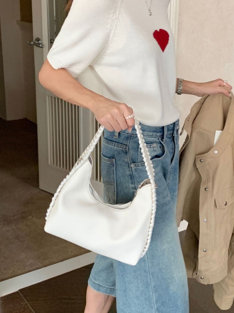 Woven Texted Fashionable Underarm Bag Women'S New Solid Color All-Match Crescent Bag Simple Fashionable Portable Shoulder Crossbody Bag - Image 3