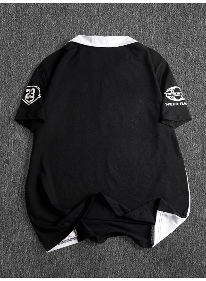 Men's Black Racing Graphic Polo Shirt Short Sleeve Contrast Half Zip Collar Y2K Streetwear Top - Image 2