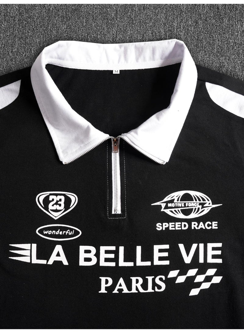 Men's Black Racing Graphic Polo Shirt Short Sleeve Contrast Half Zip Collar Y2K Streetwear Top - Image 3