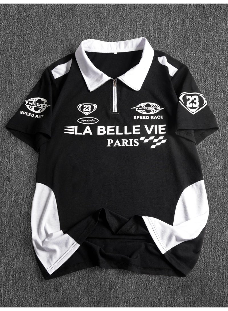 Men's Black Racing Graphic Polo Shirt Short Sleeve Contrast Half Zip Collar Y2K Streetwear Top - Image 1