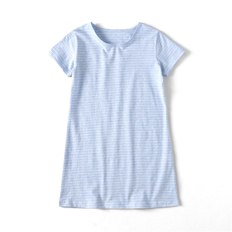 Uobzyaq Sleep Shirt for Girls Kids Cotton Stripes Nightgowns Summer Sleepover Nightdress Flouncy Sleepwear for 3-10 Years Blue Size 7-8Years(140) - Image 2