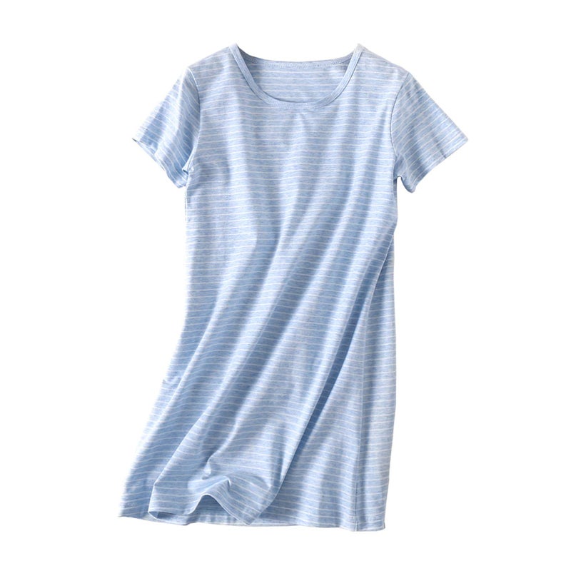 Uobzyaq Sleep Shirt for Girls Kids Cotton Stripes Nightgowns Summer Sleepover Nightdress Flouncy Sleepwear for 3-10 Years Blue Size 7-8Years(140) - Image 1