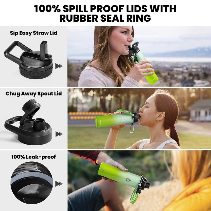 Raymylo Insulated Water Bottle 24Oz  Triple Wall Vacuum Stainless Steel (Cold For 48 Hrs  Hot For 24Hrs)  Leak Proof & Non-Bpa  24Oz Hydro Water Flask With Paracord Handle & Straw Spout Lids - Image 3
