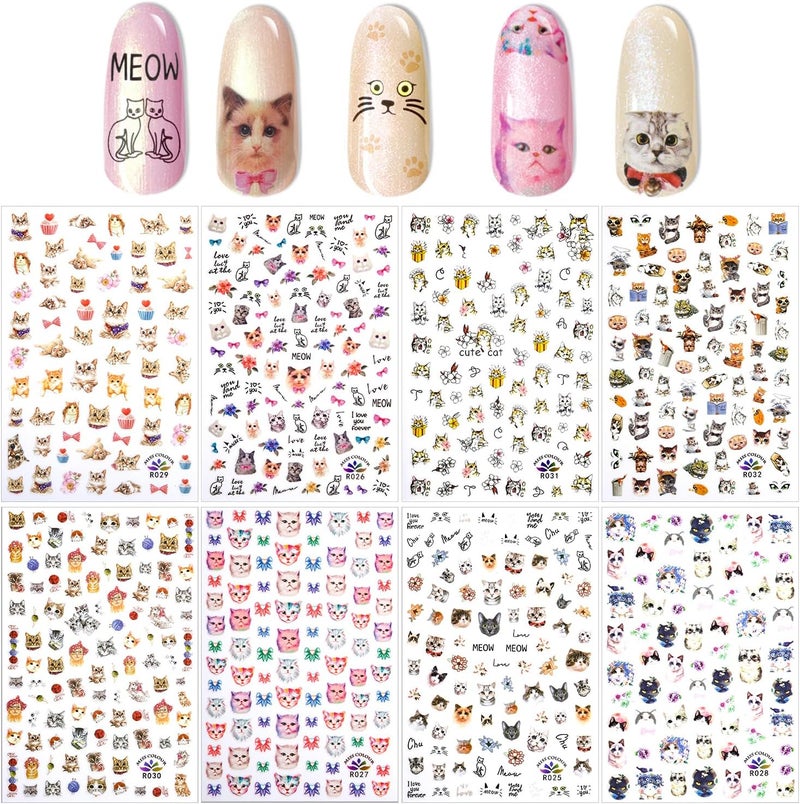 PHOGARY 8 Sheets Cat Nail Sticker for Nail Art Decoration False Nail Manicure Decals Girls Women Gift