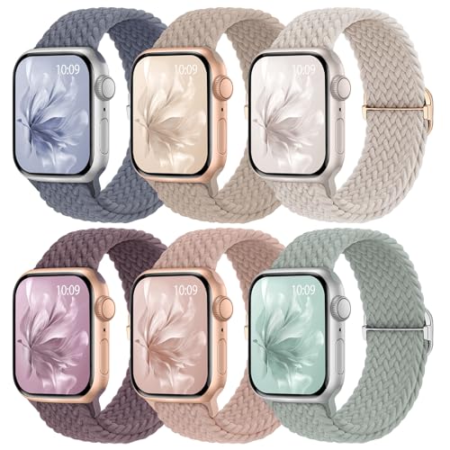Knossen 6 Pack Braided Stretchy Bands Compatible with Apple Watch Band 38mm 40mm 41mm 42mm 44mm 45mm 46mm 49mm Women Men, Adjustable Nylon Solo Loop Elastic Straps for iWatch Series 11 10 9 8 7 6 5 4 SE Ultra - Image 1