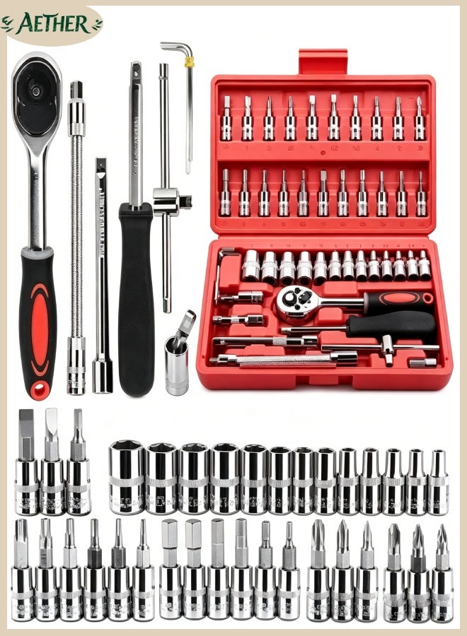 AETHER 46pcs Red Socket Tool Set Carbon Steel Screwdriver Bits Extension Rods Portable Tool Box - Image 1