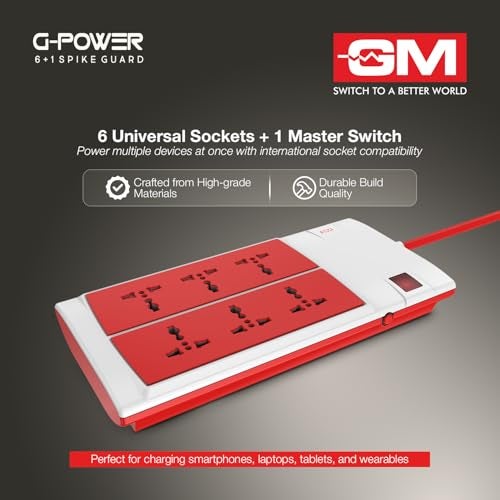 GM 3059 Power Strip | 6 Universal Sockets + Master Switch | 2m Heavy-Duty Cord | Surge Protector | Child Safety Shutters | LED Indicator | Extension Board for Home & Office - Image 5