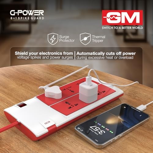 GM 3059 Power Strip | 6 Universal Sockets + Master Switch | 2m Heavy-Duty Cord | Surge Protector | Child Safety Shutters | LED Indicator | Extension Board for Home & Office - Image 2