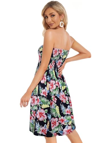 CHICGAL Summer Dresses for Women Beach Cover Ups Strapless Boho Floral Print Sundress (Navy Pink Flower,M) - Image 4