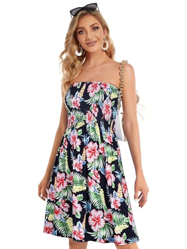 CHICGAL Summer Dresses for Women Beach Cover Ups Strapless Boho Floral Print Sundress (Navy Pink Flower,M) - Image 2