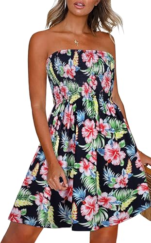 CHICGAL Summer Dresses for Women Beach Cover Ups Strapless Boho Floral Print Sundress (Navy Pink Flower,M) - Image 1