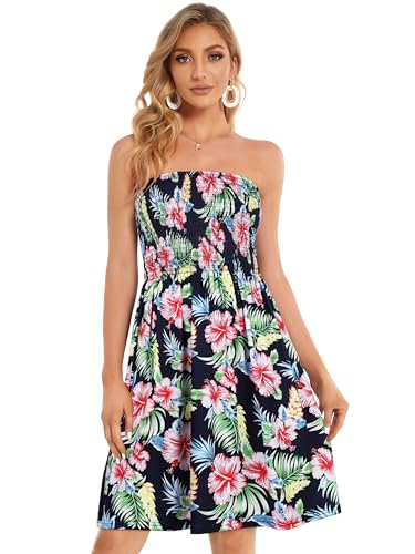 CHICGAL Summer Dresses for Women Beach Cover Ups Strapless Boho Floral Print Sundress (Navy Pink Flower,M) - Image 3